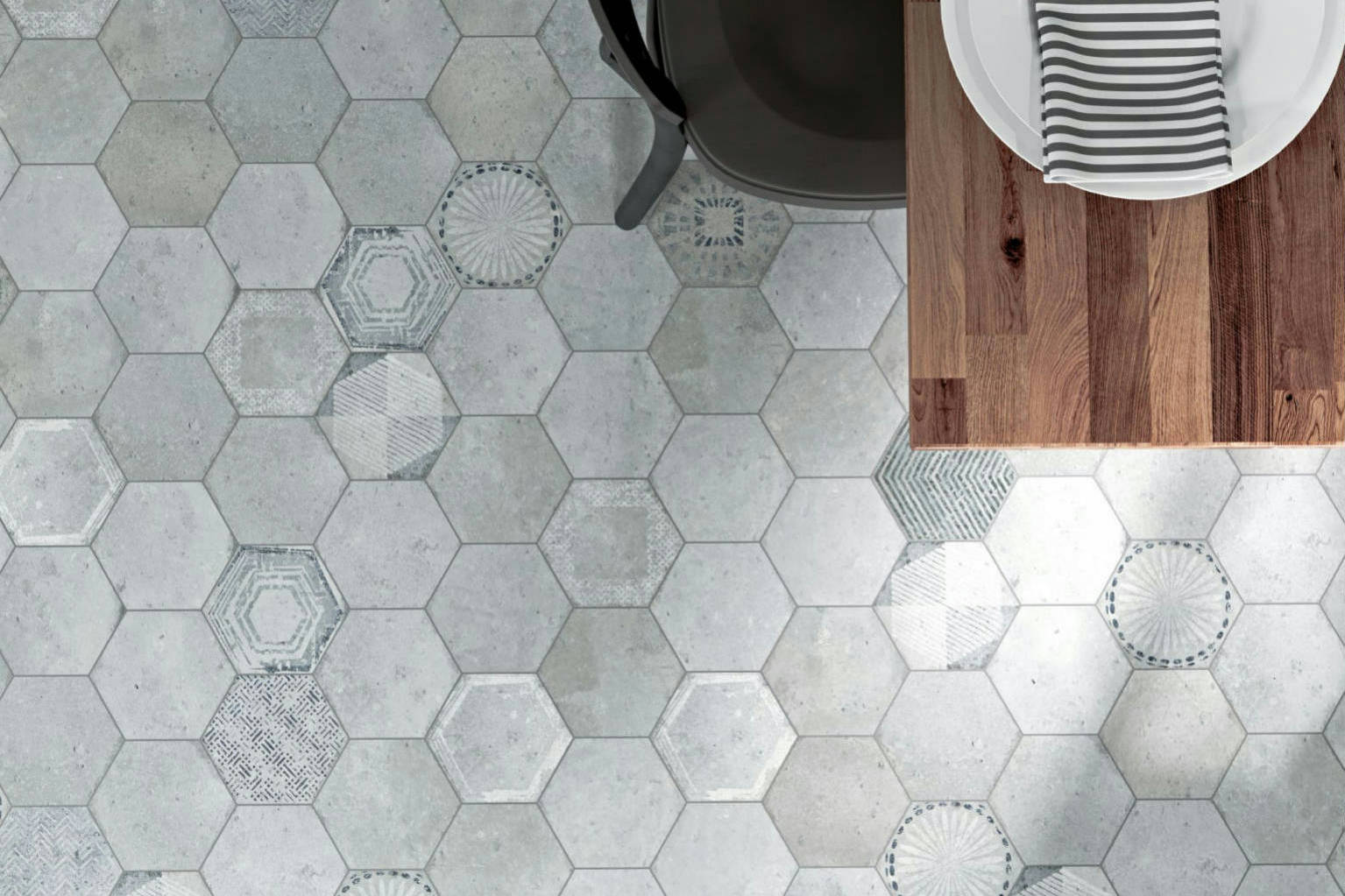 Alma 5.5x6.3” Grey and Grey Decor Hexagon | North Hills Flooring