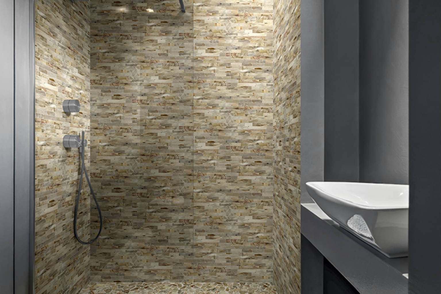 Fossil Wood Mini Opus Mix Beige Interlocking Mosaic | North Hills Flooring