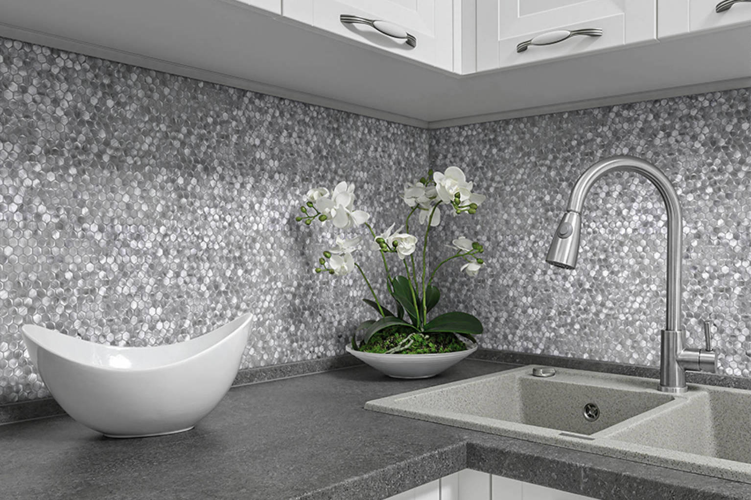 Medium Hexagon Silver Aluminum Mosaic  | North Hills Flooring