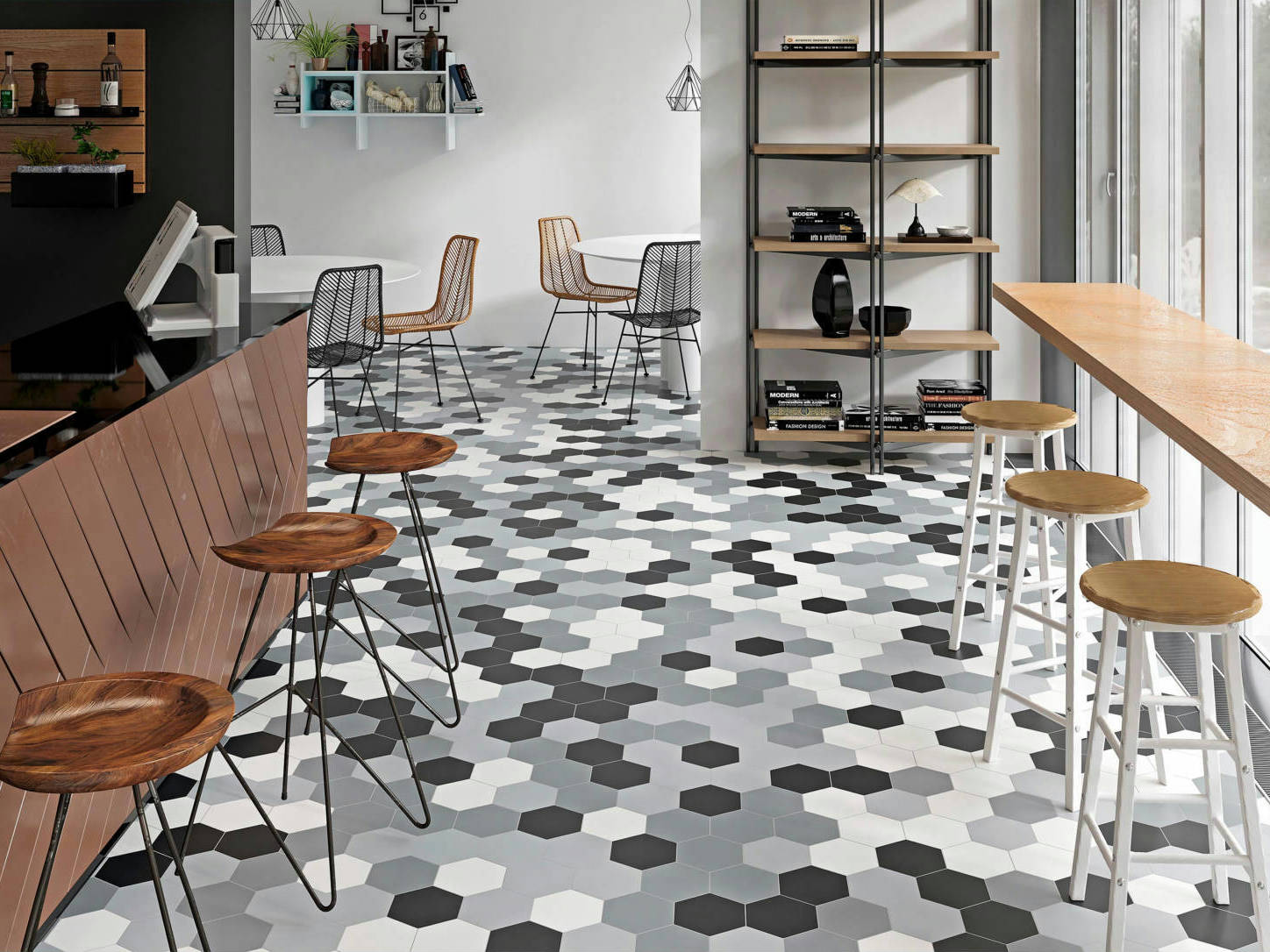 Vida 5.5X6.3” Black, Grey, Pearl, and White  Hexagons | North Hills Flooring