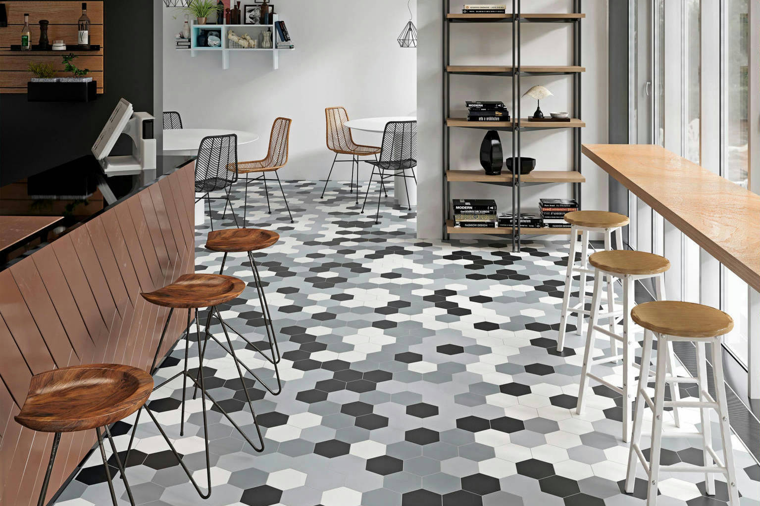 Vida 5.5X6.3” Black, Grey, Pearl, and White  Hexagons | North Hills Flooring