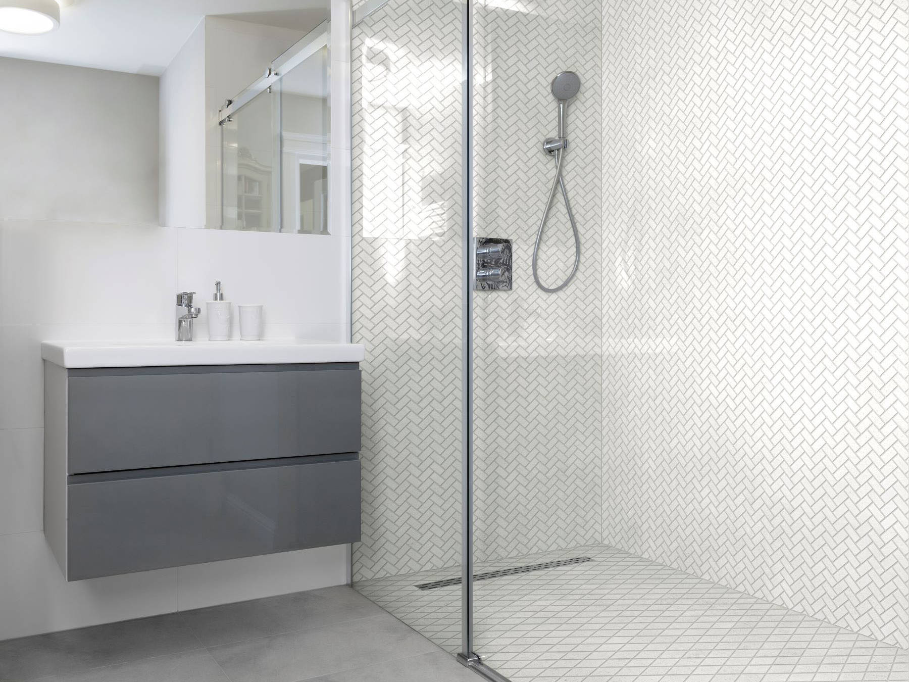 Herringbone Crystal + Crystal White  Marble Diamond | North Hills Flooring