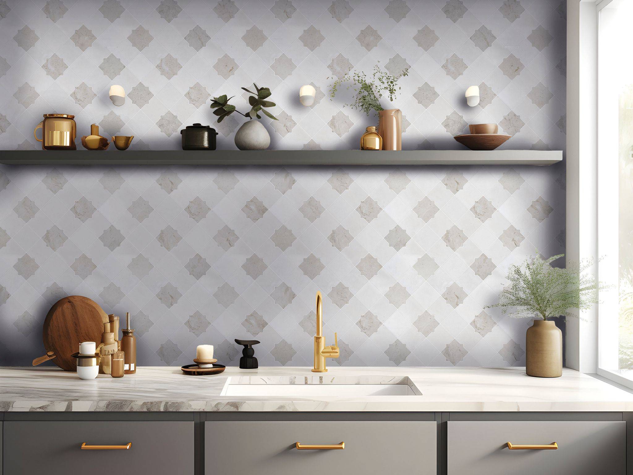 Star & Square White & Beige Mix Marble | North Hills Flooring