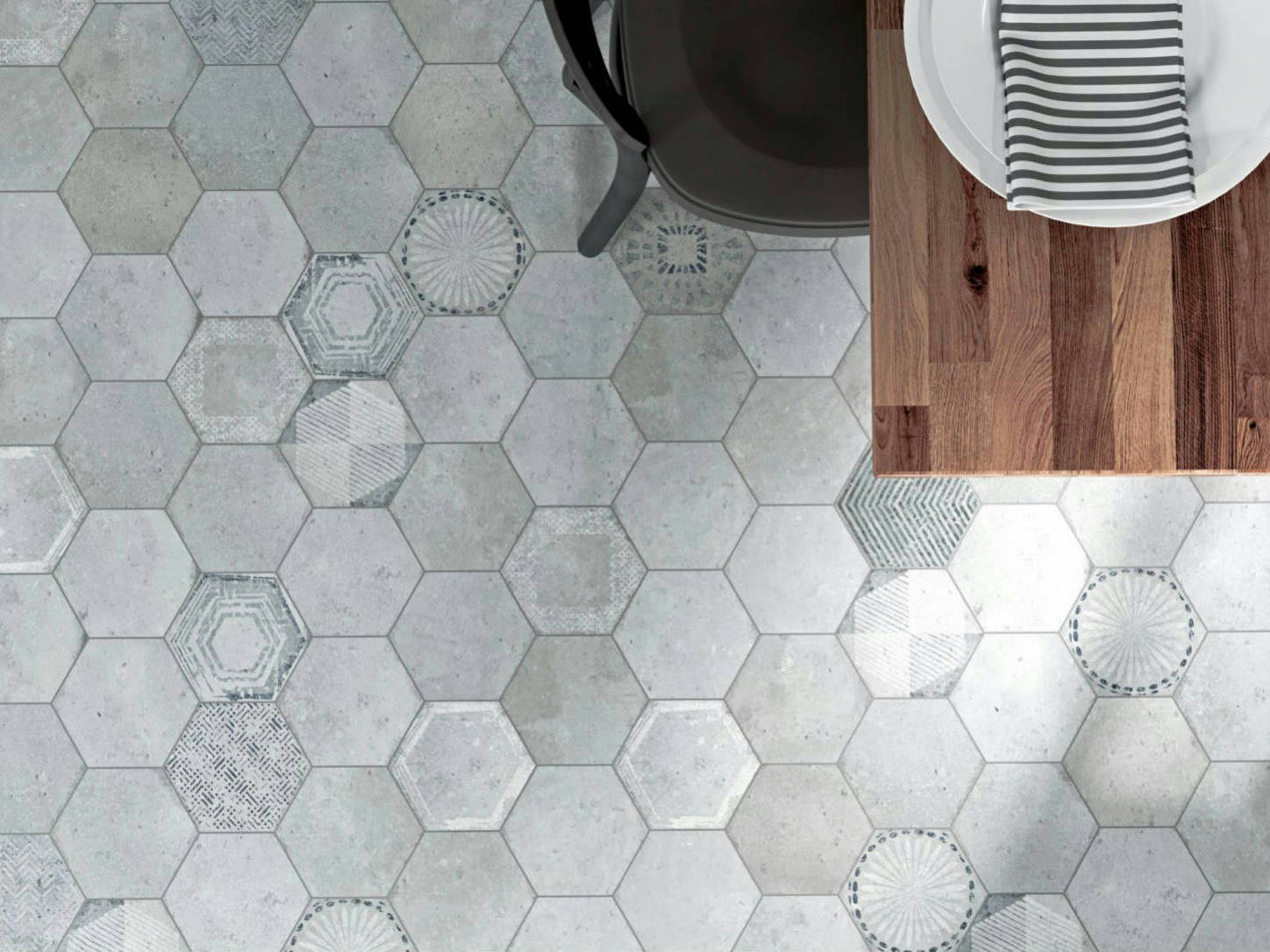 Alma 5.5x6.3” Grey and Grey Decor Hexagon | North Hills Flooring