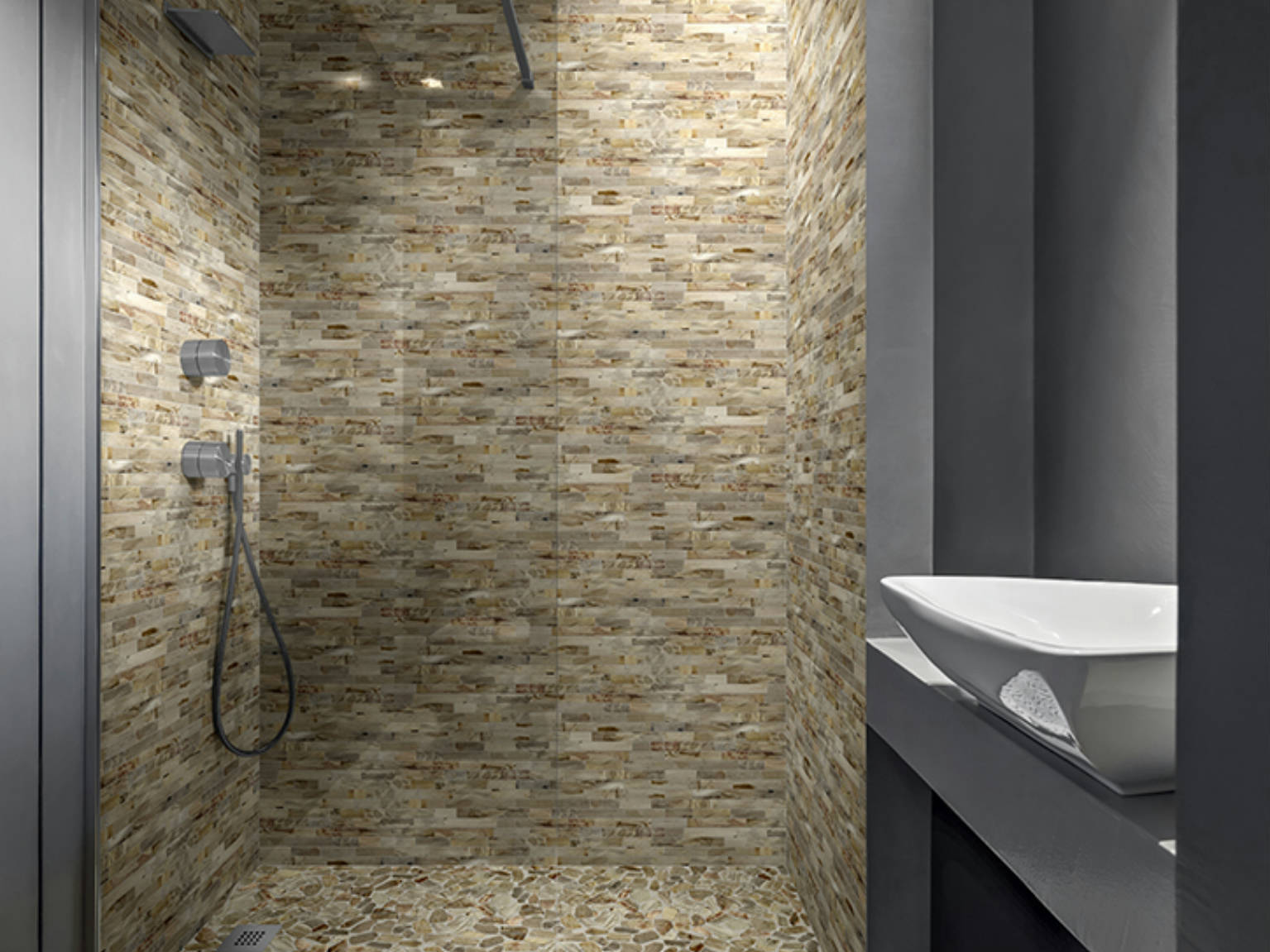 Fossil Wood Mini Opus Mix Beige Interlocking Mosaic | North Hills Flooring