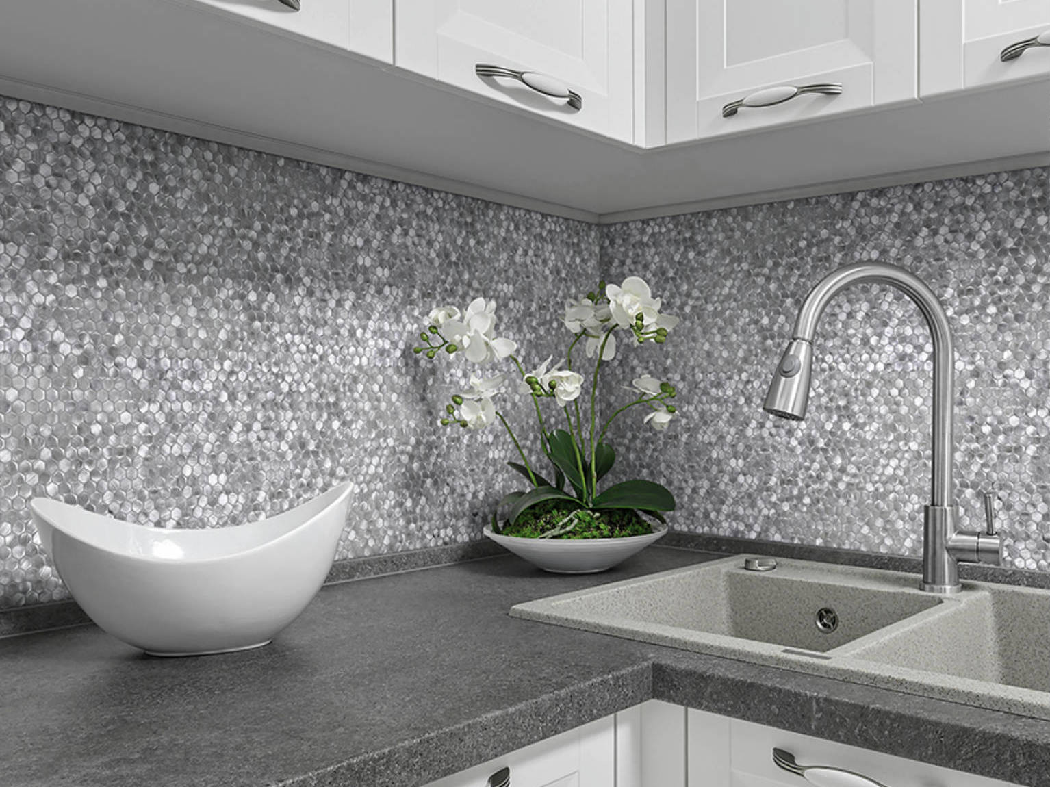 Medium Hexagon Silver Aluminum Mosaic  | North Hills Flooring