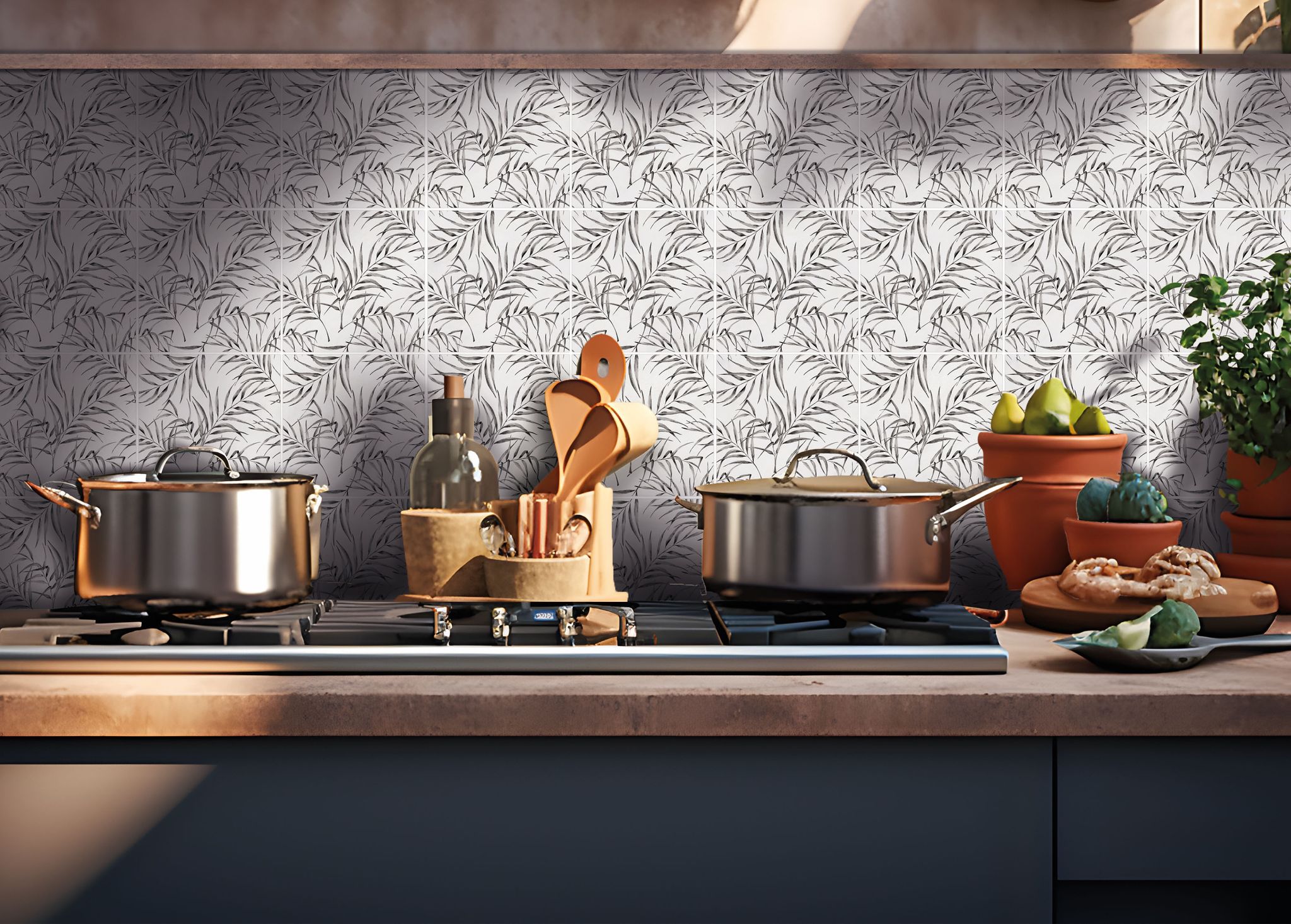 6"x6" Grey Palm Leaf Printed White Marble | North Hills Flooring