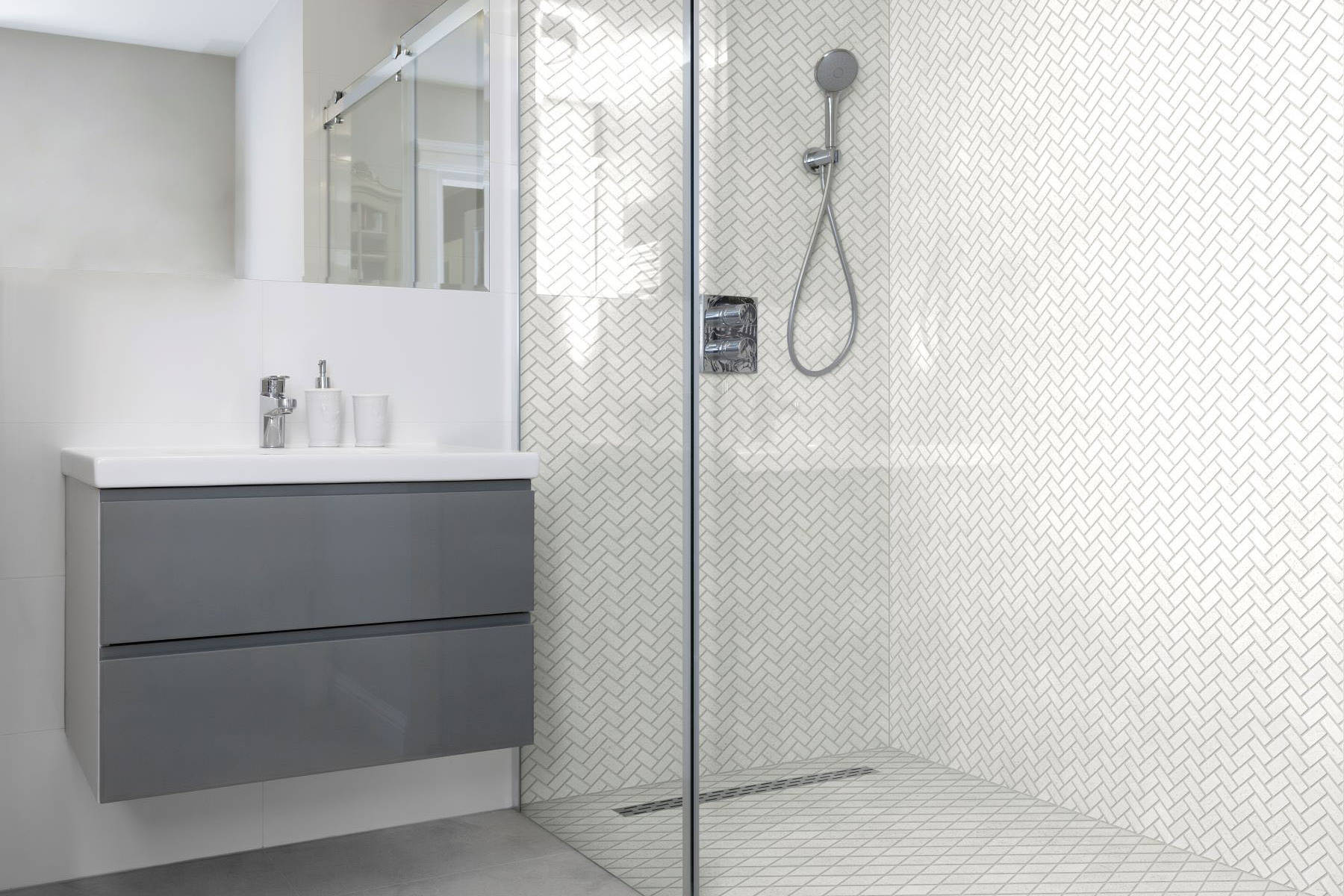 Herringbone Crystal + Crystal White Marble Diamond | North Hills Flooring