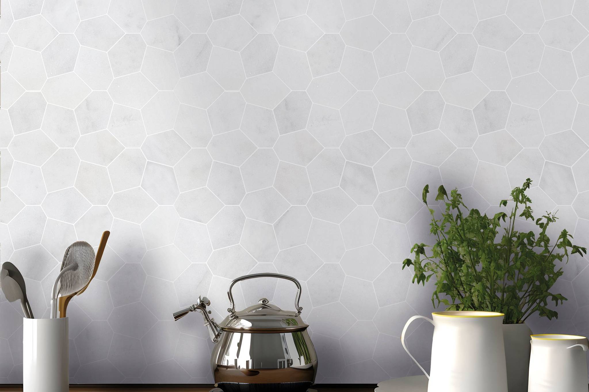 Irregular Hexagon White Grey Marble  | North Hills Flooring