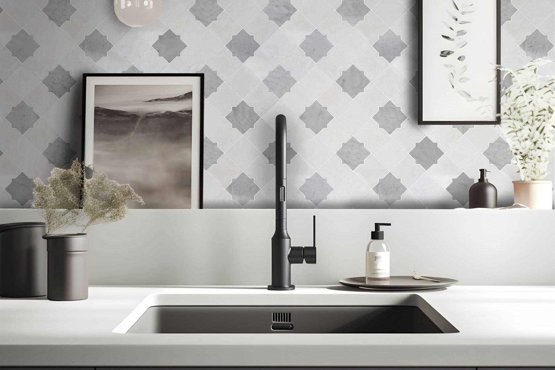 Star & Square White & Grey Mix Marble | North Hills Flooring